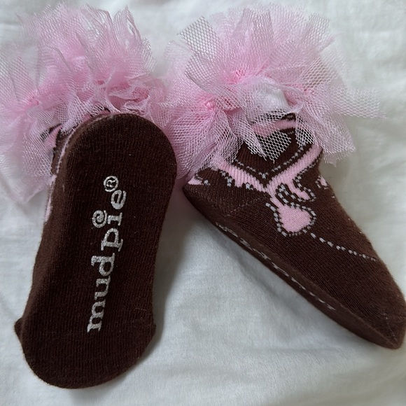 Mudpie Cowgirl Booties - Brown Boot Socks with Pink Tulle 💕 New Without Tags - Picture 5 of 6